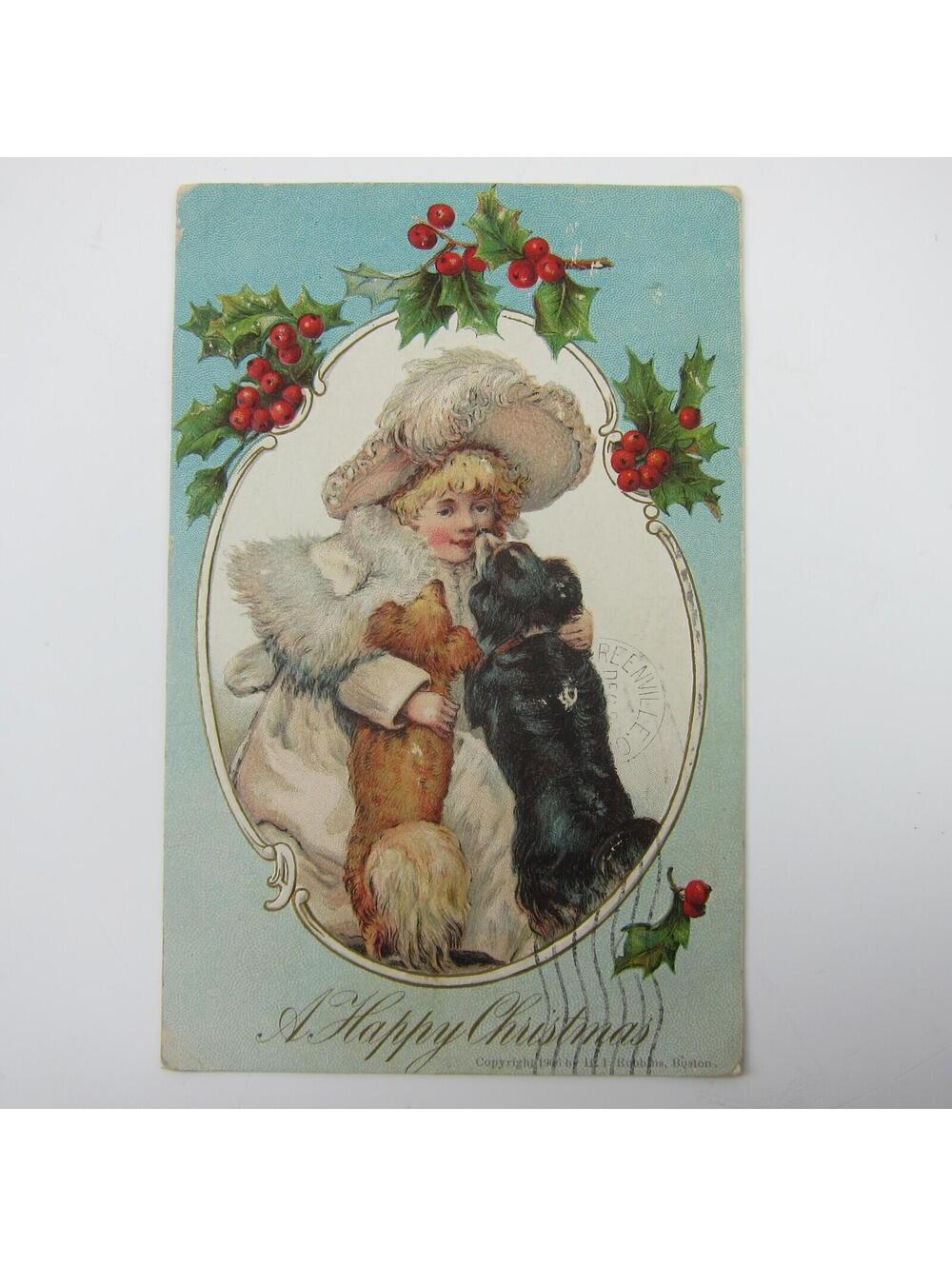 Christmas Postcard Victorian Girl Puppy Dogs Holly Berries Embossed Antique 1907
